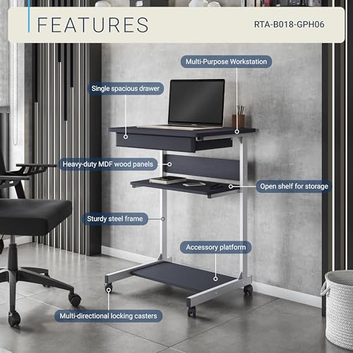 Techni Mobili Rolling Laptop Cart w/ Storage & Printer Shelf,Graphite Black | Rolling laptop cart with storage shelf, printer platform, locking wheels, portable workstation, laptop stand, or mobile desk