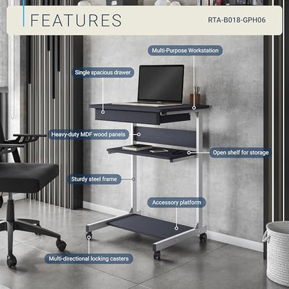 Techni Mobili Rolling Laptop Cart w/ Storage & Printer Shelf,Graphite Black | Rolling laptop cart with storage shelf, printer platform, locking wheels, portable workstation, laptop stand, or mobile desk