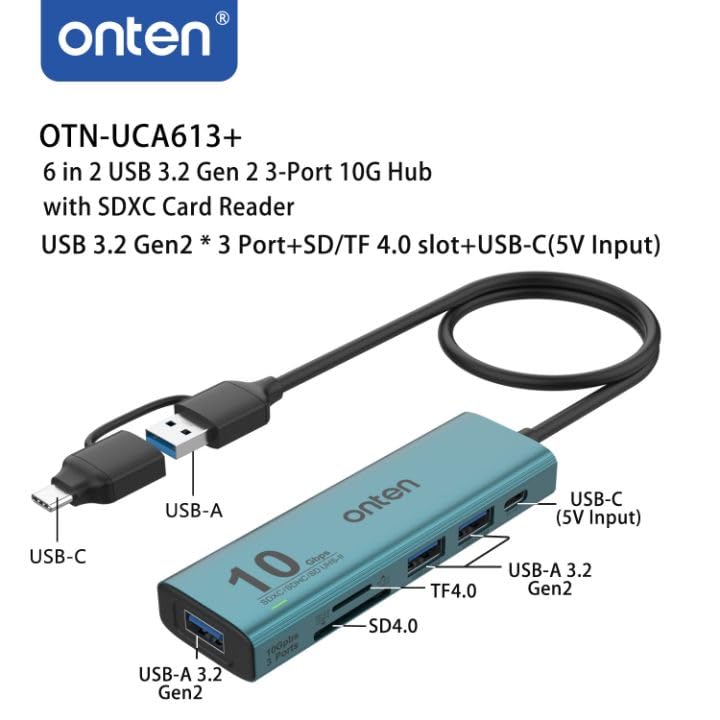 USB C USB A HUB, USB 3.2 GEN 2 10G Speed, USB A/USB C to USB A Adapter.with 3 USB A Ports(10G) and UHS-II SD/TF Ports, USB C UHS-II SD Card Reader Compatible with SD/SDHC/SDXC/Micro SD