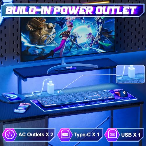 X-cosrack 33.5" Small Gaming Desk with LED Lights & Power Outlets, Drawers - color: Carbon Fiber Black, size: 33.5" with Monitor Stand