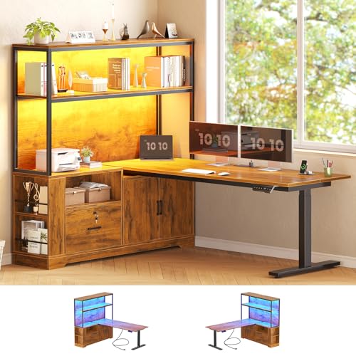 SEDETA 57" L Shaped Standing Desk, Sit Stand Office Desk with Storage Hutch | Rustic Brown Reversible Stand Up Corner Gaming Desk with Drawer, Shelves, LED Lights & Power Outlet for Work, Writing, Study - color: Rustic Brown