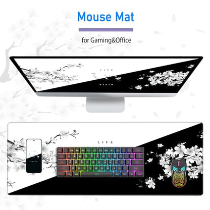 Black and White Gaming Mouse Pad,Large Life Death Desk Mat,31.5x12in | Extended Japanese Anime Cherry Blossom Mousepad with Stitched Edges,Washable Minimalist Keyboard Mat for Men,80x30 cm - color: White and Black