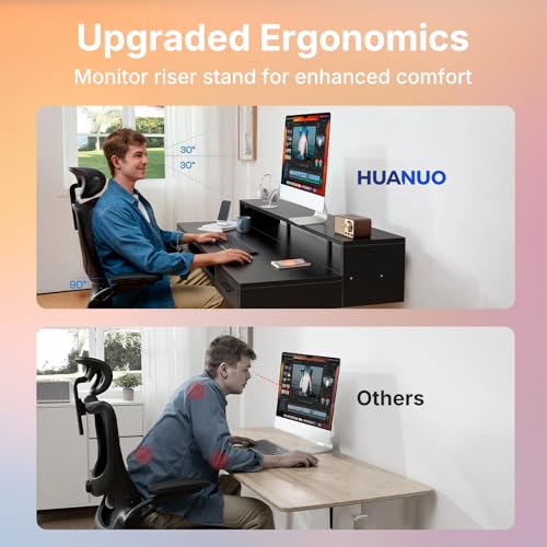 HUANUO 48″ x 26″ Electric Standing Desk with 2 Drawers &24.4″ Large Keyboard Tray, C-Clamp Mount Compatible, Adjustable Computer Desk for Office, Sit Stand Up Desk with 4 Height Presets, Black - color: Black, size: 48*26 inch
