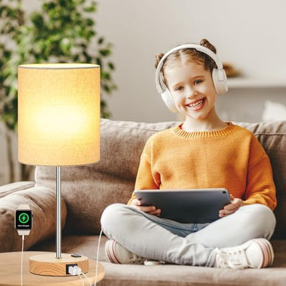 Lynnoland Set of 2 Touch Wood Table Lamps, Bedroom Lamps with 2 USB AC Outlet, 3-Way Dimmable Bedside Nightstand Lamps for Bedroom Living Room Nursery, 800 Lumens 2700K Bulbs Included - color: Cream & Wood (Base) - 2700K