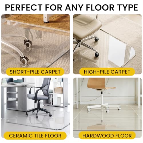 VASUHOME 46"x55" Patented Beveled Edge Tempered Glass Chair Mat, Heavy-Duty Office Floor Mat for Hardwood & Carpet, 1/5" Thick, Includes 12 Anti-Slip Pads - size: 46" x 55"