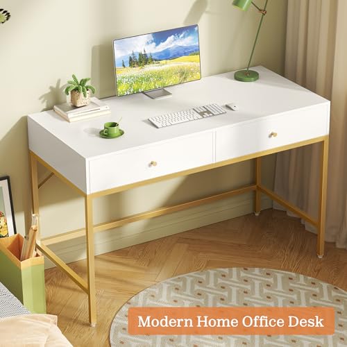 SUPERJARE White and Gold Vanity Desk with Drawers, 47 inch Computer Desk - color: White and Gold, size: 47 inch
