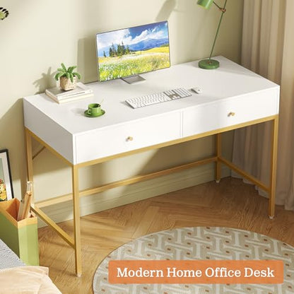 SUPERJARE White and Gold Vanity Desk with Drawers, 47 inch Computer Desk - color: White and Gold, size: 47 inch