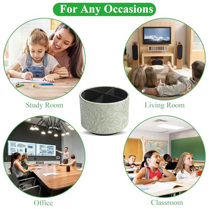 Round Leather Art Supply Organizer,Remote Control Holder,360 Degree Spinning,Multi-Functional Pencil Holder,4 Compartments Desktop Stationary Organizer(1-Carved Green) - color: 1-Carved Green