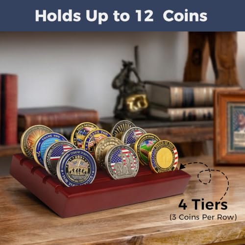 ASmileIndeep Military Challenge Coin Display Holder, Solid Wood Stand Holds 12 Coins, 4 Rows Desktop Rack for Coin Collections, Red - color: Mahogany, size: Small