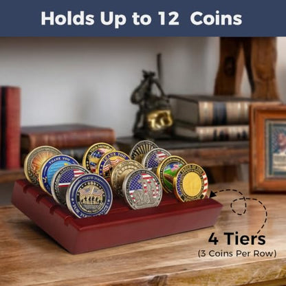ASmileIndeep Military Challenge Coin Display Holder, Solid Wood Stand Holds 12 Coins, 4 Rows Desktop Rack for Coin Collections, Red - color: Mahogany, size: Small