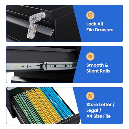 MIIIKO File Cabinet 3 Drawers on Wheels Under Desk, Black Metal Rolling File Cabinets with Lock for Home Office, Un-Assembled Filing Cabinet with Lock - color: Black, size: 3 Drawer-14.57"W -Mobile-a