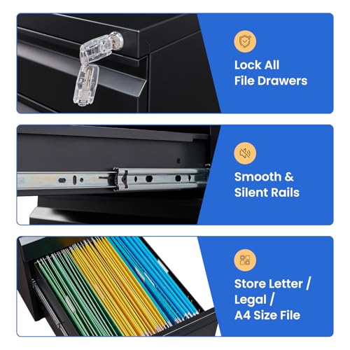 MIIIKO File Cabinet 3 Drawers on Wheels Under Desk, Black Metal Rolling File Cabinets with Lock for Home Office, Un-Assembled Filing Cabinet with Lock - color: Black, size: 3 Drawer-14.57"W -Mobile-a