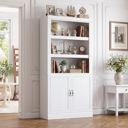 Unikito 71 Inch Tall Bookshelf with Doors and Adjustable Shelves, White | 5-Shelf Storage Bookcase, Thick Wood, Sturdy and Solid, Freestanding Display Cabinet for Living Room, Home Office, Bedroom - color: White, size: 31.5 Inch