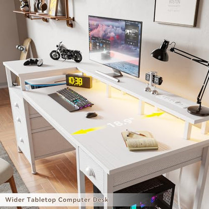 Furologee 60" White Computer Desk with 4 Drawers, Power Outlet, LED Lights - color: White, size: 60 Inch