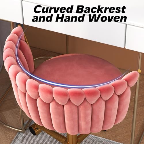 HENGJIANYI Velvet Woven Home Swivel Vanity Desk Chair with Gold Base, Pink | Modern Height Adjustable Office Chair with Metal Base and Hand Weaving Back Wheels for Bedroom Study Small Space girl women - color: Pink