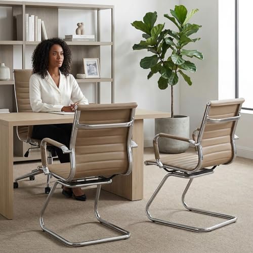 Waiting Room Chairs Set of 8, Office Desk Chair No Wheels, PU Leather Computer Chairs Mid Back Guest Chairs for School Reception Conference, Light Brown - color: Light Brown, size: 8PCS