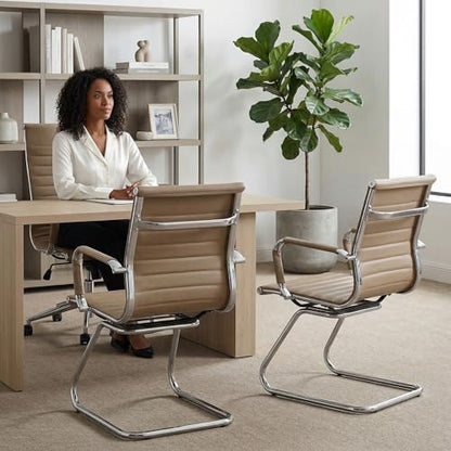 Waiting Room Chairs Set of 8, Office Desk Chair No Wheels, PU Leather Computer Chairs Mid Back Guest Chairs for School Reception Conference, Light Brown - color: Light Brown, size: 8PCS