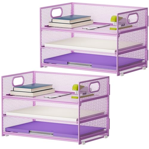 Marbrasse 3 Tier Paper Organizer Letter Tray, Mesh File Organizer with Handle, Paper Sorter Desk Organizer for Home Office Supplies - 2p Purple - color: Purple - 2p