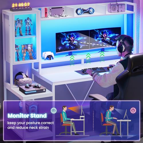 SEDETA 60'' Gaming Desk with Storage, Hutch, Display Cabinet and LED Lights - color: White