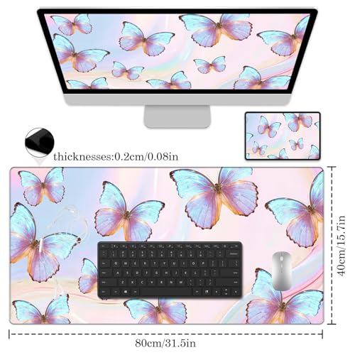 Butterfly Desk Pad Protector, Stitched Edges Mouse Pad, Large Office Mat, Non-Slip Blotter, Laptop Pad, Writing Pad for Office and Home (31.5" x 15.7") - color: A02-dreamy Butterfly
