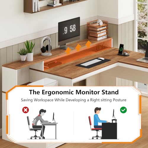 Farmhouse L Shaped Desk with Drawers & Printer Shelf for Home Office - color: Brown and White