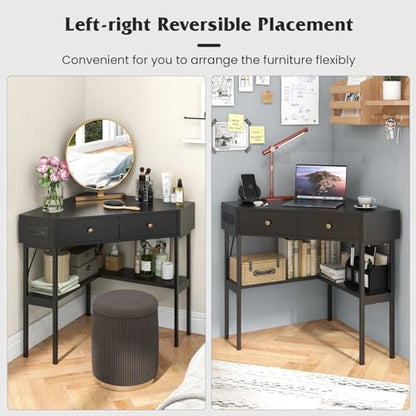 Tangkula Corner Desk with 2 Drawers & Built-in Charging Station, 90 Degrees Triangle Computer Desk for Small Space, Bedroom Makeup Vanity Desk with Storage Shelves, Corner Writing Desk
