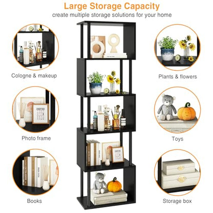 IBUYKE 6-Tier Tall Bookshelf,S-Shaped Geometric Bookcase,Black WBC016B - color: Black, size: 6 Tier