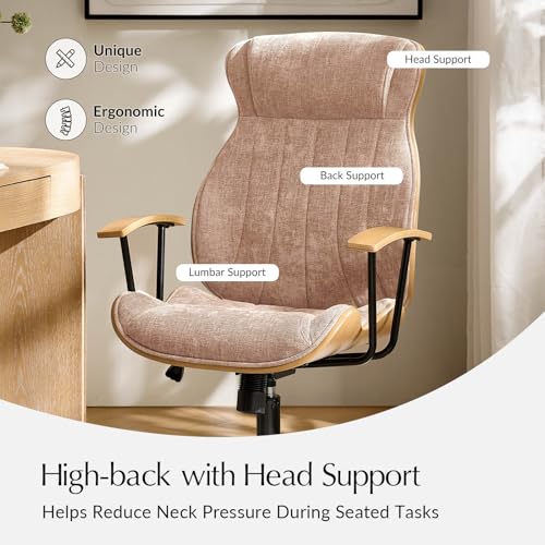 HULALA HOME Solid Wood Office Chair with High Backrest, Spice | Mid Century Modern Bentwood Desk Chair with Tilt Function, Swivel Fabric Computer Task Chair, Height Adjustable, Metal Base - color: Spice
