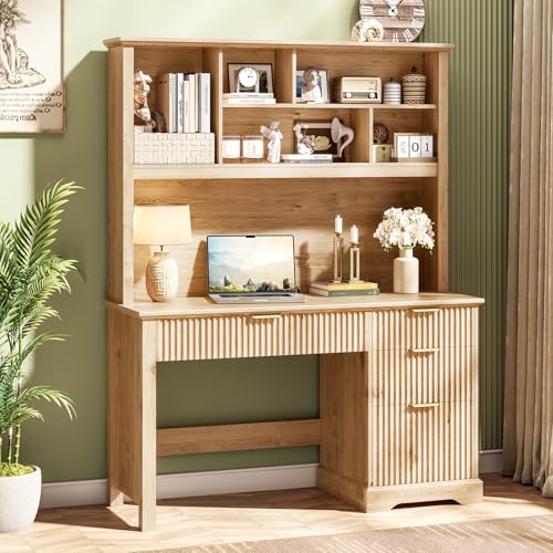 Vabches Fluted Executive Desk with Drawers, Wood Computer Desk with Ample File Drawer, Home Office Desk with Hutch for Study, Bedroom, Living Room, Oak - color: Oak Color, size: 47.24"W x 19.69"D x 68.31"H
