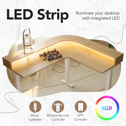 HUANUO LED Electric L Shaped Standing Desk with File Cabinet, Light Walnut | 63"x55" 2-Tier L-Desk,3-Drawer File Cabinet,RGB LED App Lighting,Built-in Power Outlets,27.6"-46.5" Adjustable Height - color: Light Walnut, size: with File Cabinet