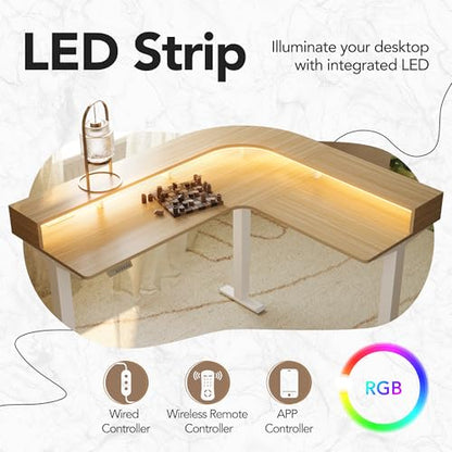 HUANUO LED Electric L Shaped Standing Desk with File Cabinet, Light Walnut | 63"x55" 2-Tier L-Desk,3-Drawer File Cabinet,RGB LED App Lighting,Built-in Power Outlets,27.6"-46.5" Adjustable Height - color: Light Walnut, size: with File Cabinet