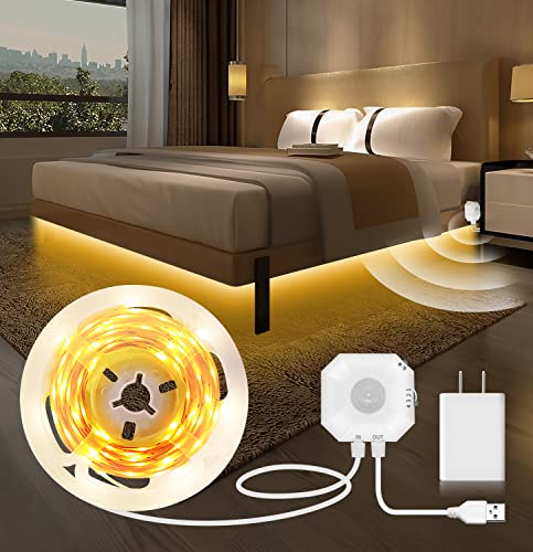 MATICOD Motion Sensor Light Indoor Under Bed Lights Under Cabinet Lights, Motion Activated Led Light Strip for Bedroom,Warm White LED Closet Light Motion Sensored Under Cabinet Lighting NO APP - color: White, size: 9.84FT