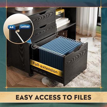 DEVAISE 3-Drawer Wood File Cabinet, Mobile Lateral Filing Cabinet, Printer Stand with Open Storage Shelves for Home Office, Black | Mobile Printer Stand, Open Storage Shelves, Letter & A4 Compatible, Wood, Home Office - color: Black