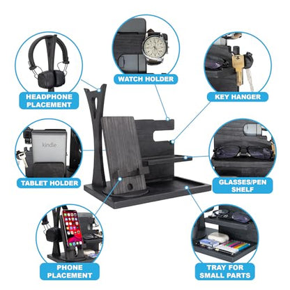 Gift for Men Nightstand Organizer with Headphone Stand & Rotating Phone Stand, Stylish Headphone Holder to Keep Desk Accessories for Men Organized, Unique Dad Birthday Gift, Gifts for Boyfriend