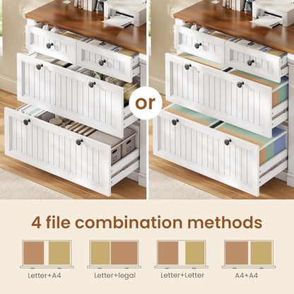 SEDETA 4 Drawers File Cabinet, 33" Farmhouse Filing Cabinets for Home Office fit Legal/Letter/A4 File, Wood Office File Cabinet with Power Outlets, Printer Stand with Storage, White+Brown - color: White+brown