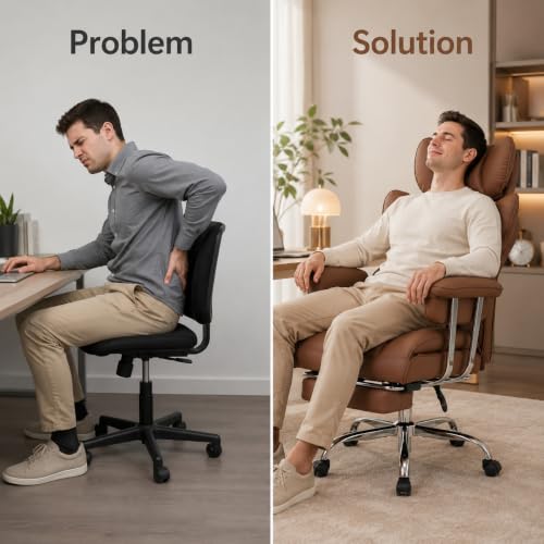 Big and Tall Office Chair, Ergonomic Executive Desk Chair with Footrest and Lumbar Support, Heavy Duty PU Leather Reclining Computer Chair with Extra Wide Seat for Home Office, Brown - color: Brown