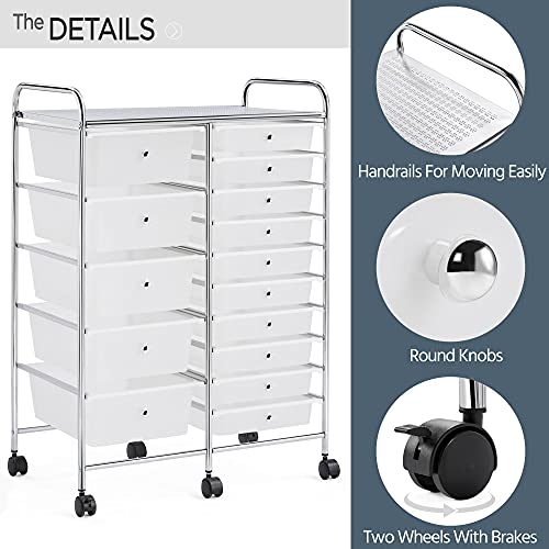 Yaheetech 15-Drawer Rolling Storage Cart on Wheels, Craft Organizer, White - color: White, style: 15 Drawers