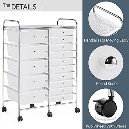 Yaheetech 15-Drawer Rolling Storage Cart on Wheels, Craft Organizer, White - color: White, style: 15 Drawers