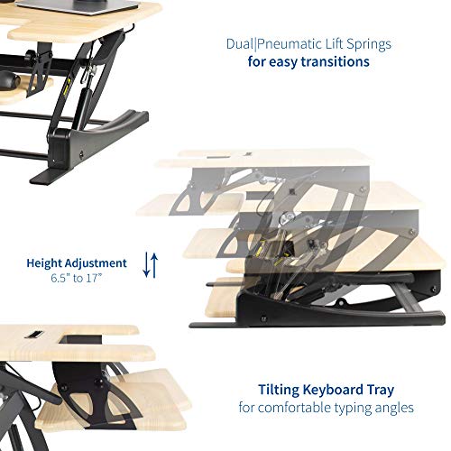VIVO 36 inch Height Adjustable Stand Up Desk Converter, V Series, Quick Sit to Stand Tabletop Dual Monitor Riser Workstation, Light Wood Top, Black Frame, DESK-V000VO | Height Adjustable, Stand Up Desk Riser, Wide Keyboard Tray, Dual Monitor and Laptop Wo