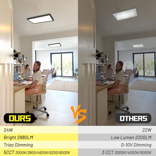 1x2 LED Flat Panel Light Surface Mount 2-Pack, Flush Mount Ceiling Light 24W 2880LM, 5CCT 3000K/3800K/4500K/5200K/6000K, Dimmable Panel Lights Black - color: Black, size: 1Ft. x 2Ft. (2-PACK)