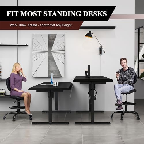 Drafting Chair with Back Support, Tall Desk Rolling Stool (Black, Set of 2) | Armless High Faux Leather Office Chair with Footrest Ring, Height Adjustable, Suitable for Standing Desk, Workbench, Studios - size: 2PK