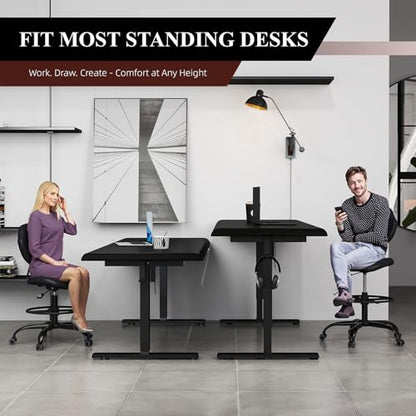 Drafting Chair with Back Support, Tall Desk Rolling Stool (Black, Set of 2) | Armless High Faux Leather Office Chair with Footrest Ring, Height Adjustable, Suitable for Standing Desk, Workbench, Studios - size: 2PK