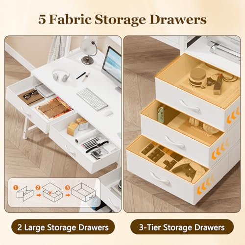 YOMILUVE 52" Computer Desk with Bookshelf, 5 Drawers ＆ Hutch for Bedroom | White Office Desk with Printer Shelf, Study Writing Desk with Storage Shelves - color: White