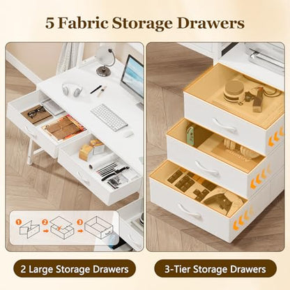 YOMILUVE 52" Computer Desk with Bookshelf, 5 Drawers ＆ Hutch for Bedroom | White Office Desk with Printer Shelf, Study Writing Desk with Storage Shelves - color: White