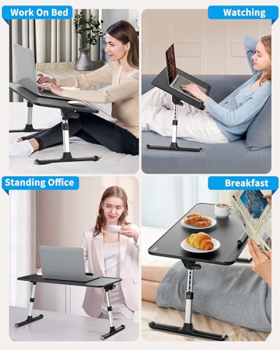 SAIJI Non-Slip Leather Laptop Bed Tray Table,Lap Desk with Laptop Stopper - color: Black, size: Medium