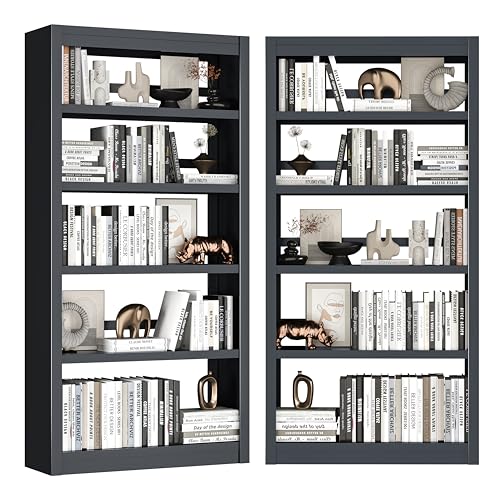 5-Tier Metal Bookshelf, 69″ Heavy-Duty Bookcase, Adjustable Sturdy Shelves | Black Tall Book Shelf,Heavy Load,Screw-Sree Assembly,Anti-tip,Holds 200 Books,Book Stopper,Wider - color: Black, size: Style1-31.5"W