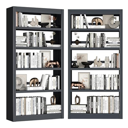 5-Tier Metal Bookshelf, 69″ Heavy-Duty Bookcase, Adjustable Sturdy Shelves - color: Black, size: 31.5"W