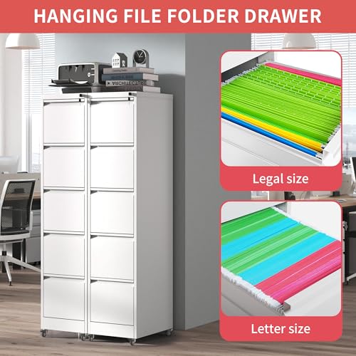IKIMI 5 Drawer Locking File Cabinet with Wheels,Metal Mobile Filing Cabinet - color: White, size: 5 Drawers with Wheels