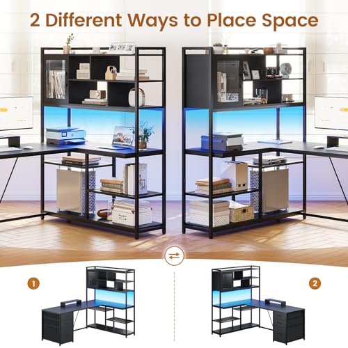 SEDETA 58'' L Shaped Computer Office Desk with 3 Drawers and Bookshelf - color: Black