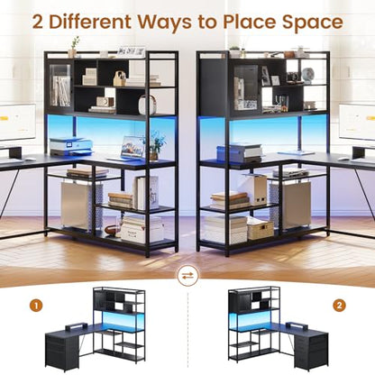 SEDETA 58'' L Shaped Computer Office Desk with 3 Drawers and Bookshelf - color: Black